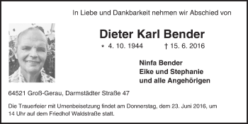 Traueranzeige von Dieter Karl Bender von Trauerportal Echo Online