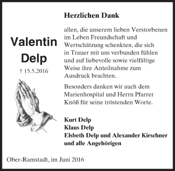 Traueranzeige von Valentin Delp von Trauerportal Echo Online