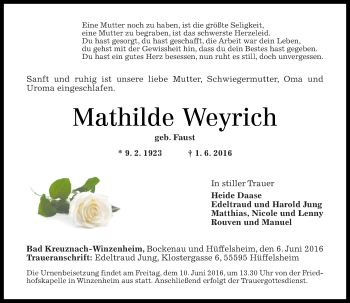 Traueranzeige von Mathilde Weyrich von  Allg. Zeitung Bad Kreuznach