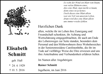Traueranzeige von Elsiabeth Schmitt von  Allgemeine Zeitung Mainz