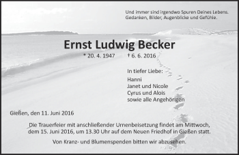 Traueranzeige von Ernst Ludwig Becker von  Gießener Anzeiger