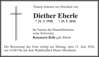 Traueranzeige von Diether Eberle von  Allgemeine Zeitung Mainz