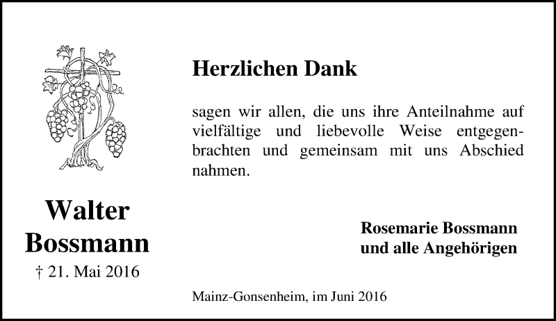  Traueranzeige für Walter Bossmann vom 04.06.2016 aus  Allgemeine Zeitung Mainz