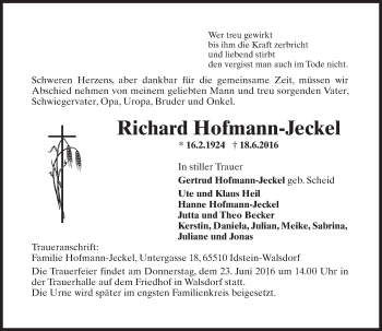 Traueranzeige von Richard Hofmann-Jeckel von Trauerportal Rhein Main Presse