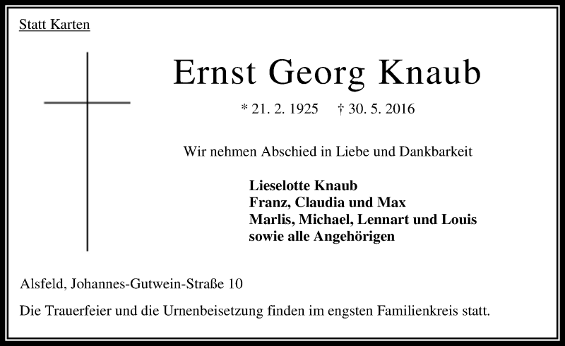  Traueranzeige für Ernst Georg Knaub vom 02.06.2016 aus VRM Trauer