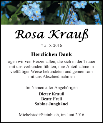 Traueranzeige von Rosa Krauß von Trauerportal Echo Online