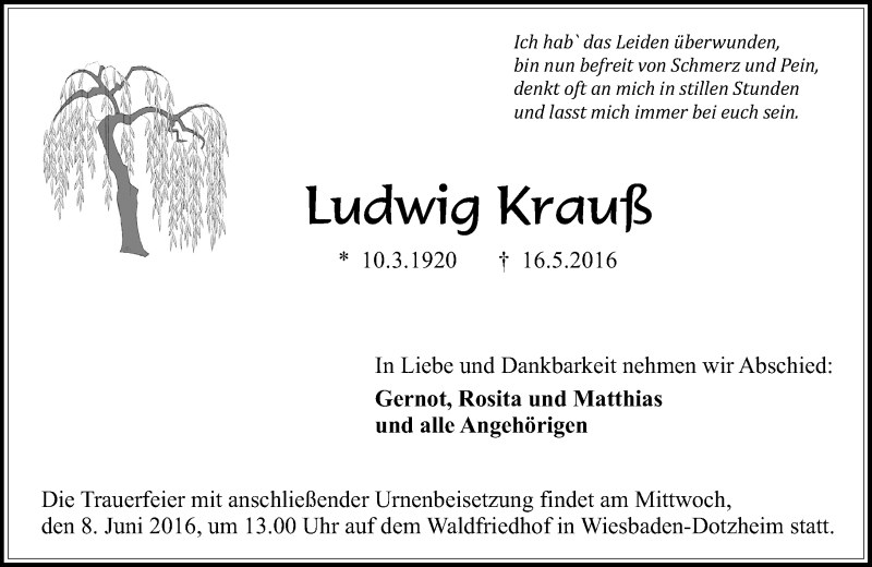  Traueranzeige für Ludwig Krauß vom 04.06.2016 aus  Wiesbaden komplett