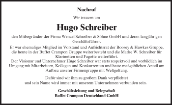 Traueranzeige von Hugo Schreiber von Trauerportal Echo Online