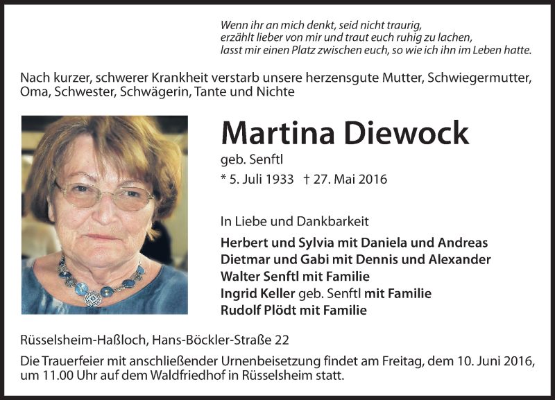  Traueranzeige für Martina Diewock vom 04.06.2016 aus  Mainspitze