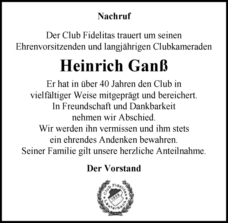  Traueranzeige für Heinrich  Ganß vom 10.06.2016 aus VRM Trauer