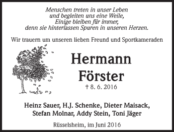 Traueranzeige von Hermann Förster von Trauerportal Rhein Main Presse