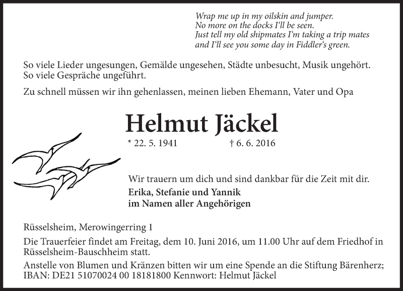 Traueranzeige für Helmut Jäckel vom 08.06.2016 aus  Mainspitze