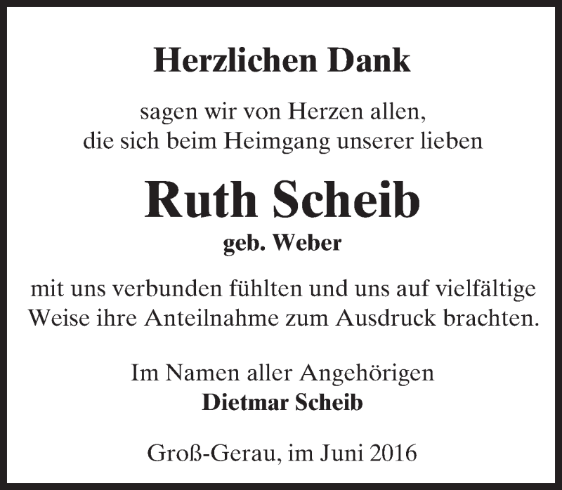  Traueranzeige für Ruth Scheib vom 18.06.2016 aus Trauerportal Echo Online