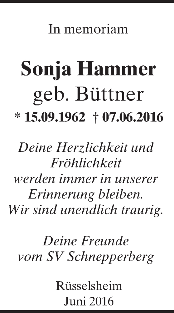  Traueranzeige für Sonja Hammer vom 25.06.2016 aus Trauerportal Rhein Main Presse