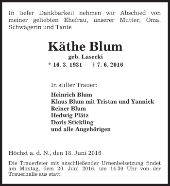 Traueranzeige von Käthe Blum von  Kreisanzeiger