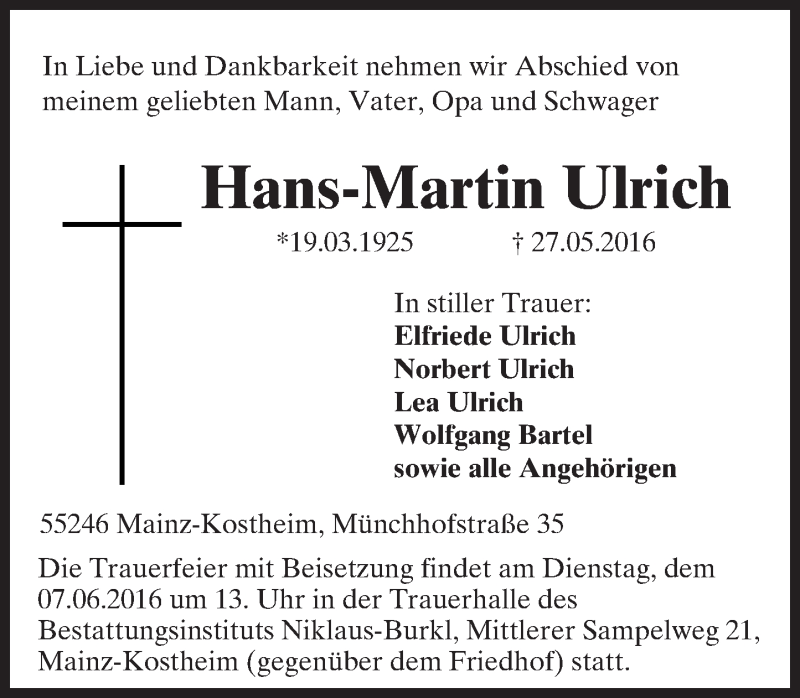  Traueranzeige für Hans-Martin Ulrich vom 04.06.2016 aus  Allgemeine Zeitung Mainz