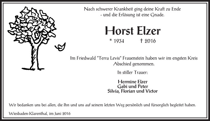  Traueranzeige für Horst Elzer vom 04.06.2016 aus  Wiesbaden komplett