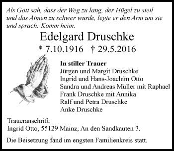 Traueranzeige von Edelgard Druschke von  Allgemeine Zeitung Mainz