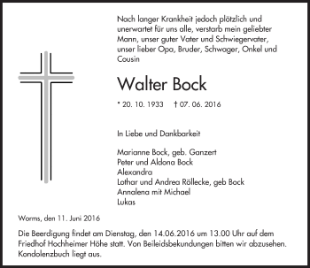 Traueranzeige von Walter Bock von  Wormser Zeitung