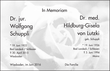 Traueranzeige von Wolfgang Schuppli von Trauerportal Rhein Main Presse