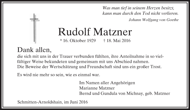 Traueranzeige für Rudolf Matzner vom 11.06.2016 aus  Usinger Anzeiger