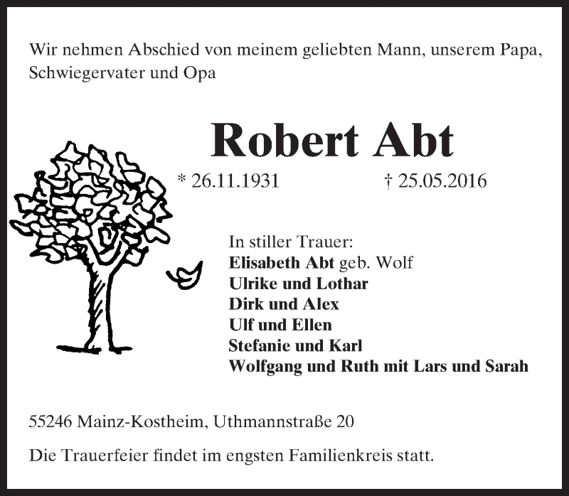  Traueranzeige für Robert Abt vom 04.06.2016 aus  Allgemeine Zeitung Mainz