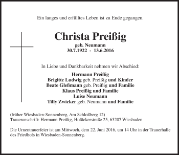 Traueranzeige von Christa Preißig von Trauerportal Rhein Main Presse