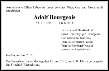 Traueranzeige von Adolf Bourgeois von  Gießener Anzeiger