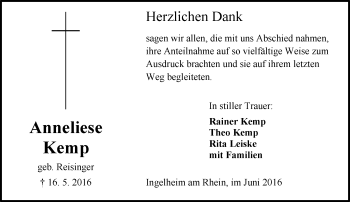 Traueranzeige von Anneliese Kemp von  Allgemeine  Zeitung Ingelheim-Bingen