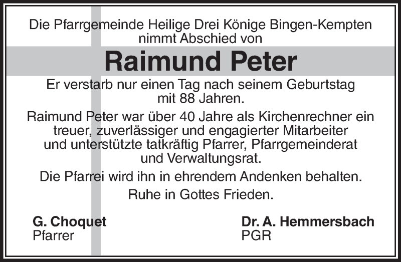  Traueranzeige für Raimund Peter vom 04.06.2016 aus  Allgemeine  Zeitung Ingelheim-Bingen