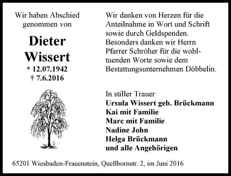  Traueranzeige für Dieter Wissert vom 25.06.2016 aus Trauerportal Rhein Main Presse