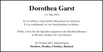 Traueranzeige von Dorothea Garst von  Wormser Zeitung
