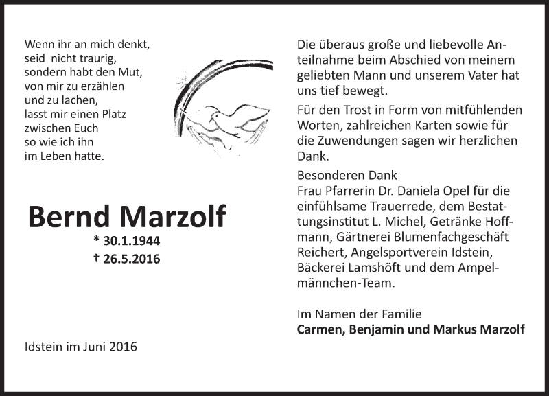  Traueranzeige für Bernd Marzolf vom 18.06.2016 aus Trauerportal Rhein Main Presse