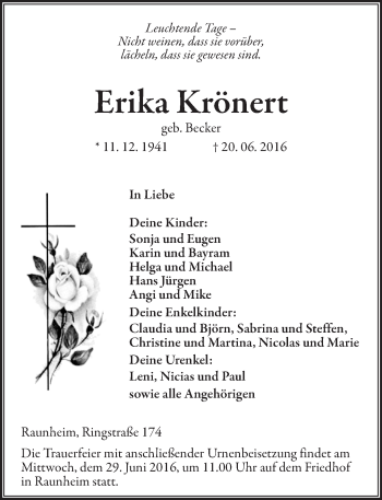Traueranzeige von Erika Krönen von Trauerportal Rhein Main Presse