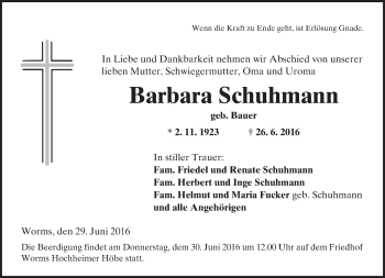 Traueranzeige von Barbara Schuhmann von Trauerportal Rhein Main Presse