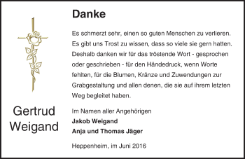 Traueranzeige von Gertrud Weigand von Trauerportal Echo Online