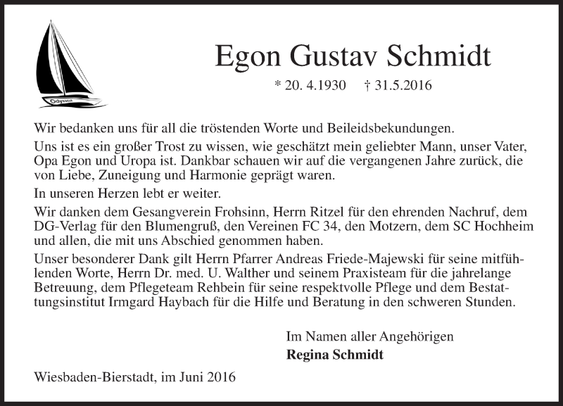  Traueranzeige für Egon Gustav Schmidt vom 18.06.2016 aus Trauerportal Rhein Main Presse