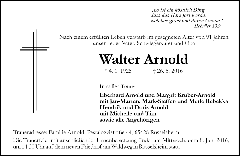  Traueranzeige für Walter Arnold vom 04.06.2016 aus  Mainspitze