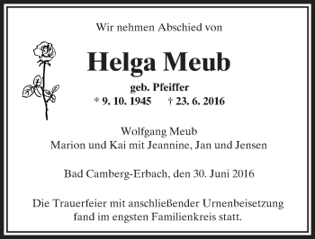 Traueranzeige von Helga Meub von  Camberger Anzeiger