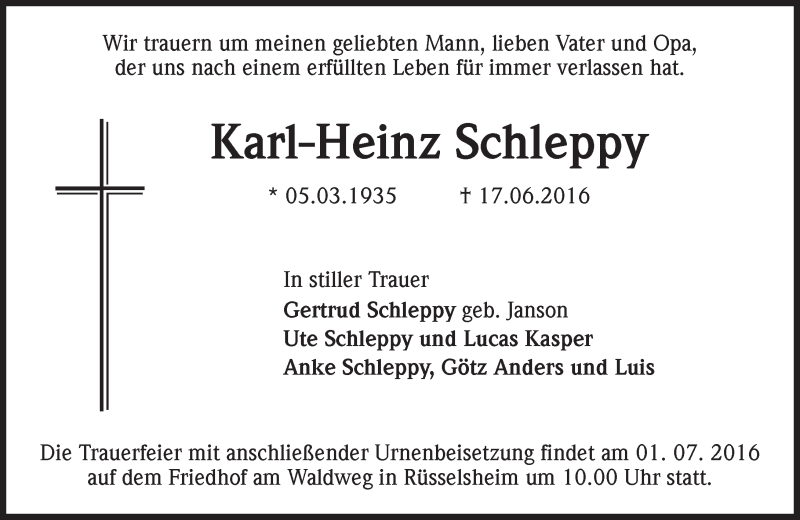  Traueranzeige für Karl-Heinz Schleppy vom 25.06.2016 aus Trauerportal Rhein Main Presse