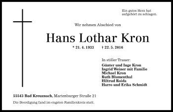 Traueranzeige von Hans Lothar Kron von  Allg. Zeitung Bad Kreuznach