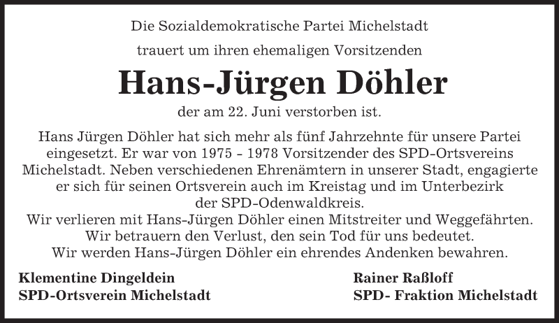  Traueranzeige für Hans-Jürgen Döhler vom 29.06.2016 aus Trauerportal Echo Online