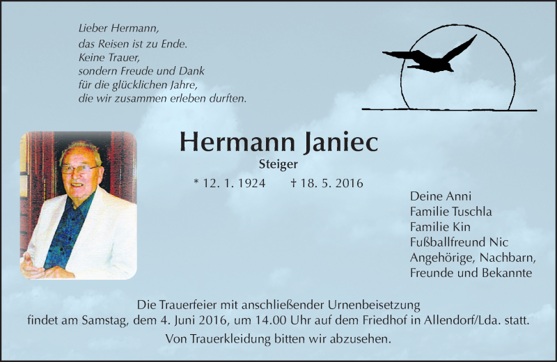  Traueranzeige für Hermann Janiec vom 02.06.2016 aus  Gießener Anzeiger