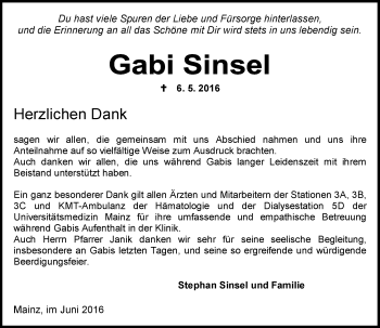 Traueranzeige von Gabi Sinsel von  Allgemeine Zeitung Mainz