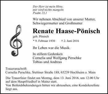Traueranzeige von Renate Haase-Pönisch von  Allgemeine Zeitung Mainz