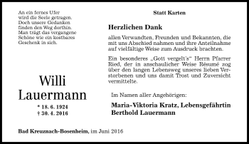 Traueranzeige von Willi Lauermann von  Allg. Zeitung Bad Kreuznach