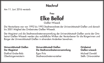 Traueranzeige von Elke Bellof von  Gießener Anzeiger
