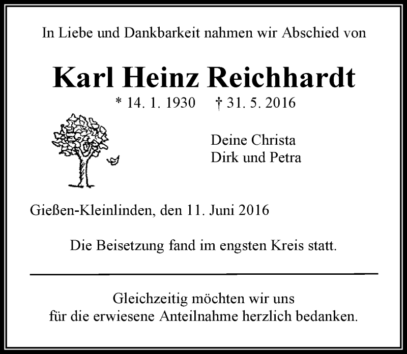  Traueranzeige für Karl Heinz Reichhardt vom 11.06.2016 aus  Gießener Anzeiger