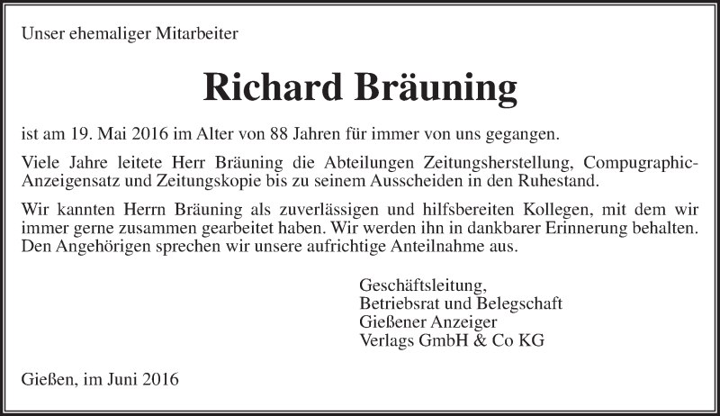  Traueranzeige für Richard Bräuning vom 04.06.2016 aus  Gießener Anzeiger