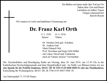 Traueranzeige von Franz Karl Orth von Trauerportal Rhein Main Presse